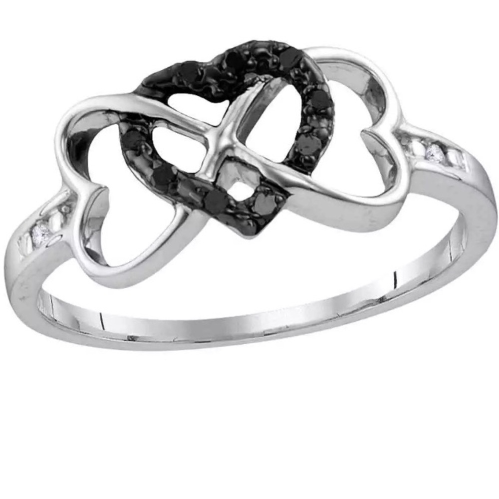 Sterling Silver Black Diamond Heart Ring 1/10 Cttw